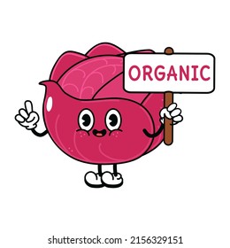 Cute funny red cabbage with inscription organic character. Vector hand drawn traditional cartoon vintage, retro, kawaii character illustration. Isolated white background. Happy red cabbage