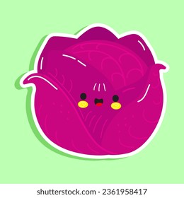 Cute lustig roter Kohl Aufkleber Charakter. Vektorhandgezeichnete Cartoons kawaii Zeichentricksymbol. Einzeln auf grünem Hintergrund. Happy red cabbage Character concept