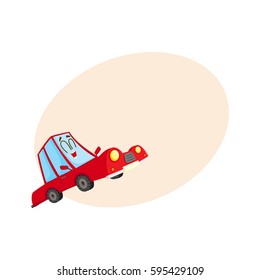 Cute and funny red car, auto character, happy and excited, cartoon vector illustration with place for text. Funny red car character, mascot with human face excited from happiness
