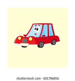 Cute and funny red car, auto character with human face, surprised, excited, curious, cartoon vector illustration isolated on white background. 