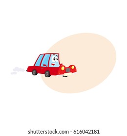 Cute and funny red car, auto character hurrying somewhere, cartoon vector illustration with space for text. Funny red car character, mascot hurrying, hasting somewhere at full speed