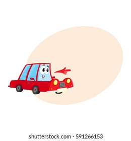 Cute and funny red car character pointing to something with its hand, cartoon vector illustration with place for text. 