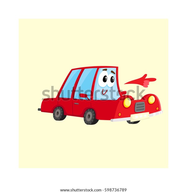 Cute and funny red car character pointing to
something with its hand, cartoon vector illustration isolated on
white background. Funny red car character, mascot pointing, drawing
attention to something