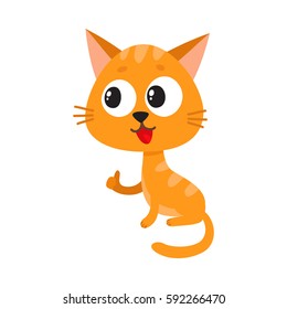 Cute and funny red cat character sitting and showing thumb up, cartoon vector illustration isolated on white background.  