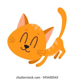 Cute and funny red cat character, fawning, asking for caress, cartoon vector illustration isolated on white background.  