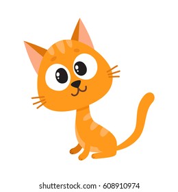 Cute and funny red cat character, sitting and looking curiously, interested, surprised, cartoon vector illustration isolated on white background. Cute and funny curious red cat character