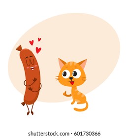 Cute and funny red cat, kitten character looking heartily at tasty sausage, cartoon vector illustration with place for text. 