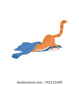 Cute funny red cat playing with blue shirt vector Illustration