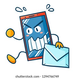 Cute and funny red cellphone running with mail - vector.