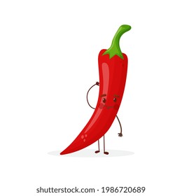 Cute funny red chili pepper vector isolated. Hot vegetable character with a face. Healthy spice plant smile. Cheerful pepper.