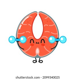 Cute funny red fish salmon character with dumbbells. Vector hand drawn cartoon kawaii illustration icon. Isolated on white background. Red fish salmon character gym concept