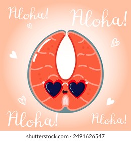 Cute funny Red fish salmon character. Vector hand drawn cartoon kawaii character illustration icon. Isolated on pink background. Happy Red fish salmon character concept. Aloha card