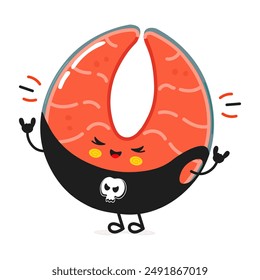 Cute funny Red fish salmon heavy metal character. Vector hand drawn cartoon kawaii character illustration icon. Isolated on white background. Happy Red fish salmon character concept