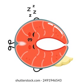Cute funny Red fish salmon sleeping character. Vector hand drawn cartoon kawaii character illustration icon. Isolated on white background. Happy Red fish salmon sleep character concept