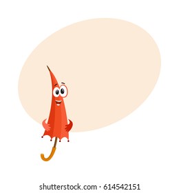 Cute and funny red folded, closed umbrella character with smiling human face, cartoon vector illustration with space for text. Closed umbrella, parasol character, mascot, design element