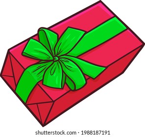 Cute and funny red gift box with green ribbon