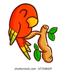 Cute and funny red green yellow parrot on the branch - vector.
