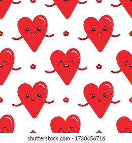 Cute funny red heart characters and flowers vector seamless pattern backround.