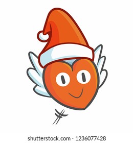 Cute and funny red heart wearing Santa's hat for christmas, and flying happily - vector.