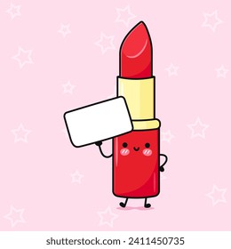 Cute funny Red lipstick with poster. Vector hand drawn cartoon kawaii character illustration icon. Isolated on pink background. Happy Red lipstick think concept
