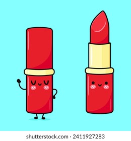 Lindo y gracioso lápiz labial rojo. Caricatura dibujada a mano del vector icono de ilustración del personaje kawaii. Aislado sobre fondo azul. Concepto de personaje de lápiz labial rojo feliz