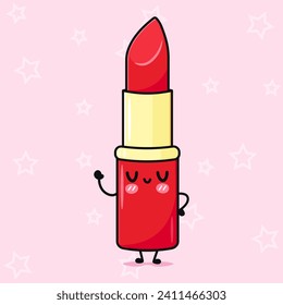 Cute funny Red lipstick waving hand. Vector hand drawn cartoon kawaii character illustration icon. Isolated on pink background. Happy Red lipstick character concept