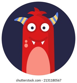 Cute funny red monster with horns and tooth on dark background