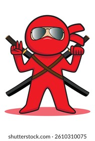 cute funny red ninja famous Japanese spy with 2 swords raise hand gesture wear sunglasses drawing in colorful cartoon vector