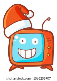 Cute and funny red old television smiling and wearing Santa's hat for christmas