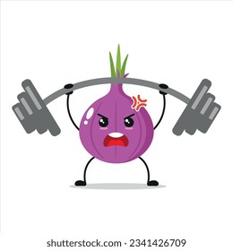 Cute and funny red onion doing weightlifting. Vegetable doing fitness or sports exercises. Happy character working out vector illustration.