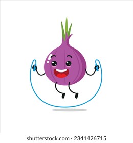 Cute and funny red onion doing jumping rope. Vegetable doing fitness or sports exercises. Happy character working out vector illustration.