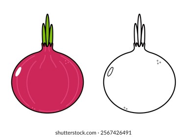 Cute funny Red onion outline cartoon illustration for coloring book. Vector hand drawn traditional cartoon vintage, retro, Red onion. Isolated on white background