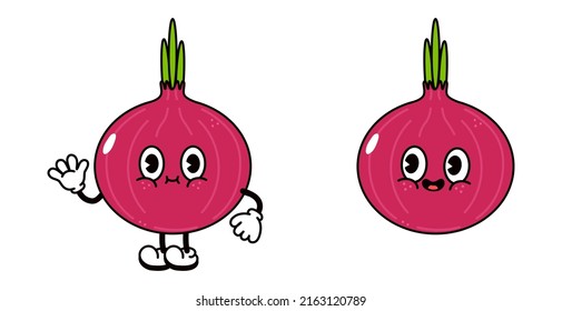 Cosa graciosa de cebolla roja ondeando a mano. Dibujo a mano del vector tradicional de caricatura vintage, retro, kawaii icono de ilustración del personaje. Aislado sobre fondo blanco. Concepto de personaje de cebolla feliz