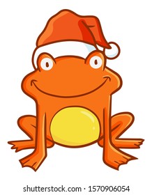 Cute and funny red orange frog smiling in front view wearing Santa's hat for christmas