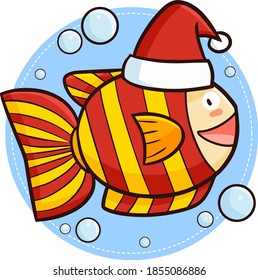 Cute and funny red orange stripes fish wearing Santa's hat for Christmas