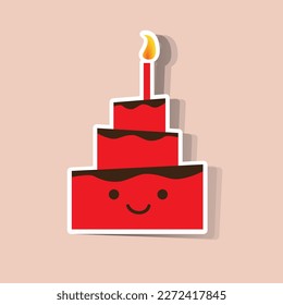 Cute and Funny Red Paper Cut Birthday Cake Design with Candle and Smiling Face - Vector Illustration
