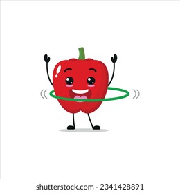 Cute and funny red paprika doing hula hoop. Vegetable doing fitness or sports exercises. Happy character working out vector illustration.