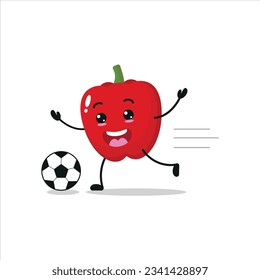 Cute and funny red paprika play football. Vegetable doing fitness or sports exercises. Happy character soccer working out vector illustration.