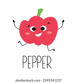 Cute funny red pepper character. Learn vegetable card with name. Vector illustration