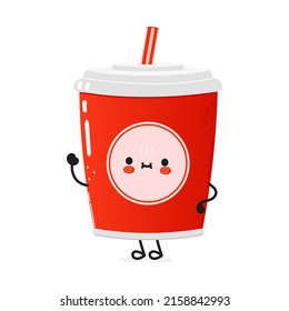 Cute funny red plastic cup cold drink cola and straw character. Vector hand drawn cartoon kawaii character illustration icon. Isolated white background. Happy Red plastic cup cold drink cola concept