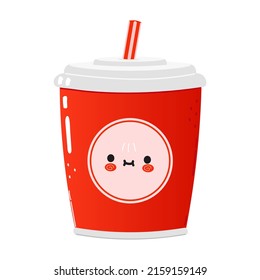 Cute funny red plastic cup cold drink cola and straw character. Vector hand drawn cartoon kawaii character illustration icon. Isolated white background. Happy Red plastic cup cold drink cola concept