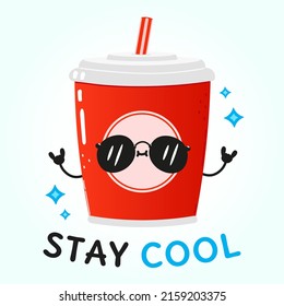 Cute funny red plastic cup cold drink cola and straw card. Vector hand drawn cartoon kawaii character illustration icon. Isolated blue background. Red plastic cup cold drink cola and straw character