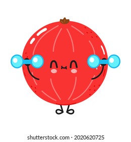 Cute funny Red Ribes with dumbbells. Vector hand drawn cartoon kawaii character illustration icon. Isolated on white background. Red Ribes gym concept