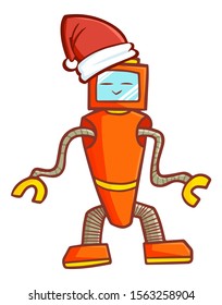 Cute and funny red robot wearing Santa's hat for christmas