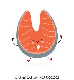 Cute funny red salmon fish character. Vector hand drawn cartoon kawaii character illustration icon. Isolated on white background. Red salmon fish character concept