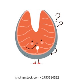 Cute Funny Red Salmon Fish Character With Question Marks. Vector Hand Drawn Cartoon Kawaii Character Illustration Icon. Isolated On White Background. Red Salmon Fish Character Concept