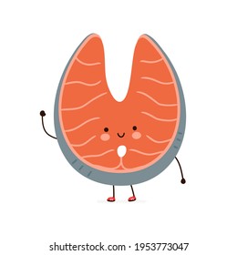 Carácter gracioso de pez salmón rojo. Caricatura dibujada a mano del vector icono de ilustración del personaje kawaii. Aislado sobre fondo blanco. Concepto de carácter de pez salmón rojo