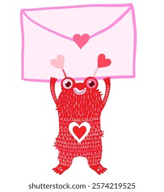 Cute funny red vector monster holding an envelope with a heart, silly animal illustration