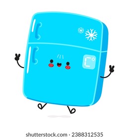 Cute funny refrigerator jumping character. Vector hand drawn cartoon kawaii character illustration icon. Isolated on white background. Fridge character concept