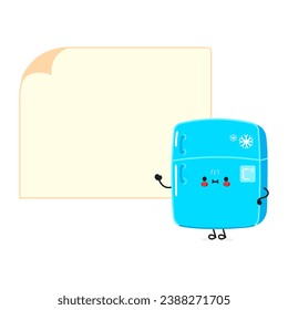 Cute funny refrigerator poster character. Vector hand drawn cartoon kawaii character illustration. Isolated white background. Fridge poster